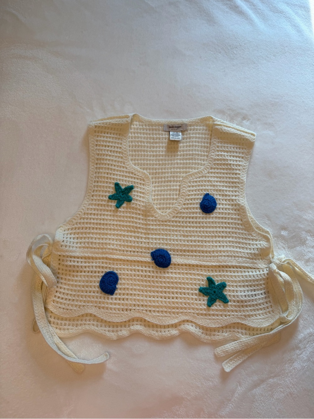 Haute Hippie Cream Crochet Tie-Side Vest with Blue & Teal Appliqués